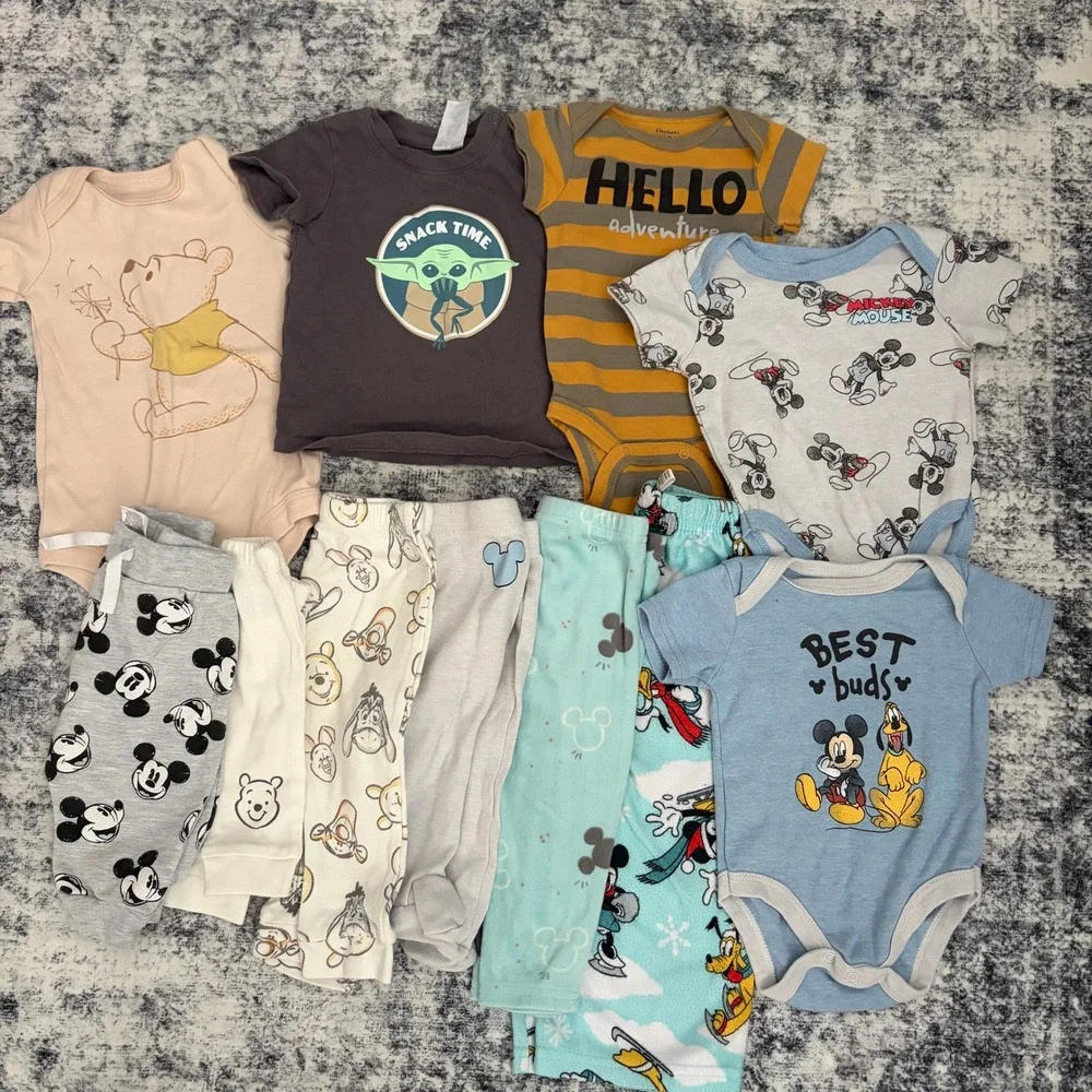 Disney Grogu Mickey Mouse Pooh Mixed 0-6 Months Baby Clothing Lot 11pc Bundle